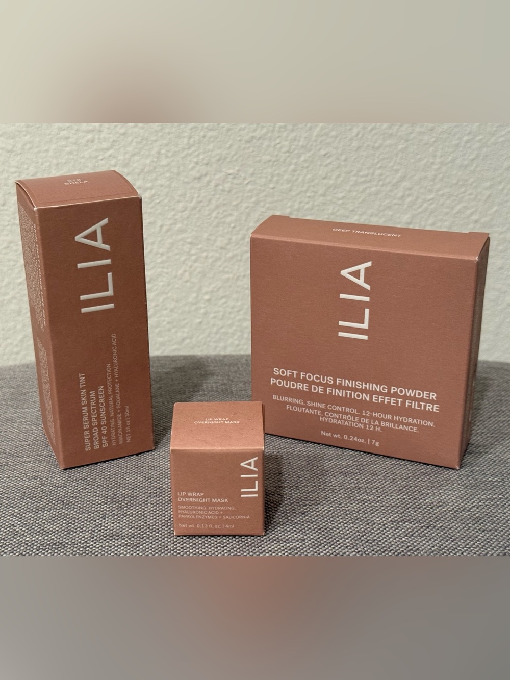 ILIA Bundle - Finishing Powder, Super Serum Skin Tint, Lip Wrap Overnight Mask